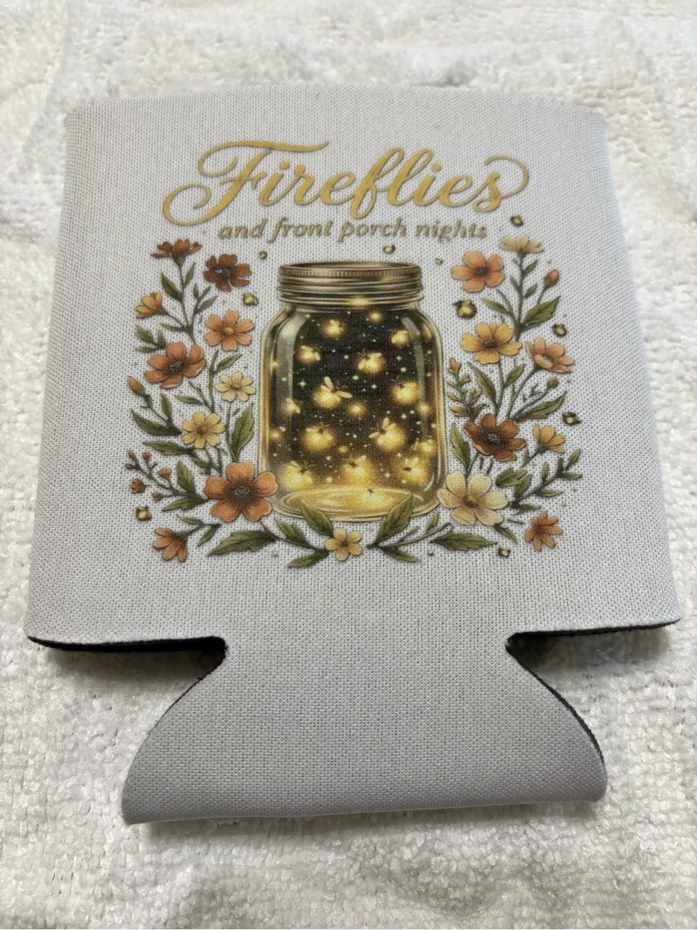 NEW Fireflies and Front Porch Nights Can Cooler - Cream & Gold Floral Design